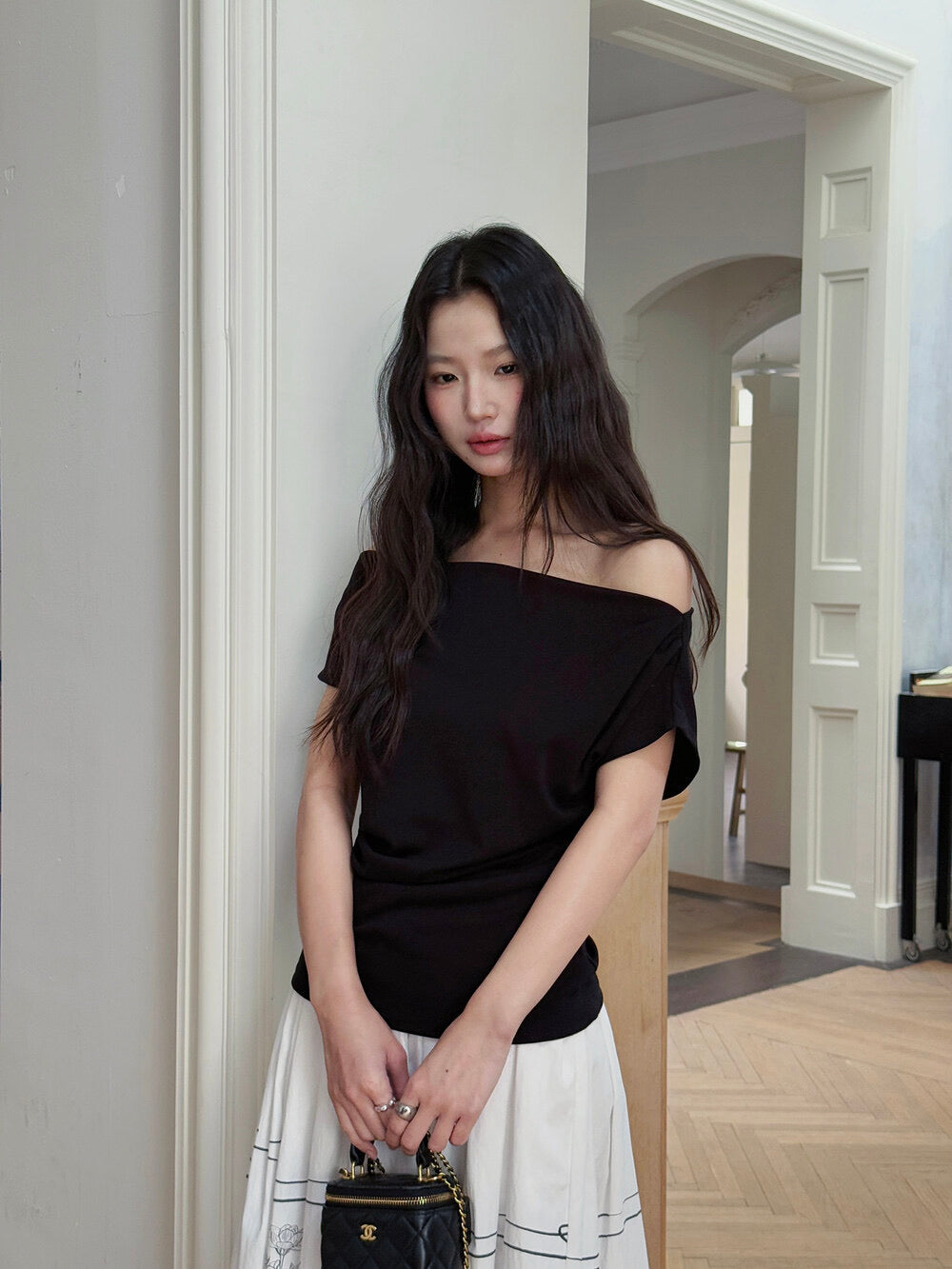 French Off-Shoulder Ruched Waist Short-Sleeve Tee