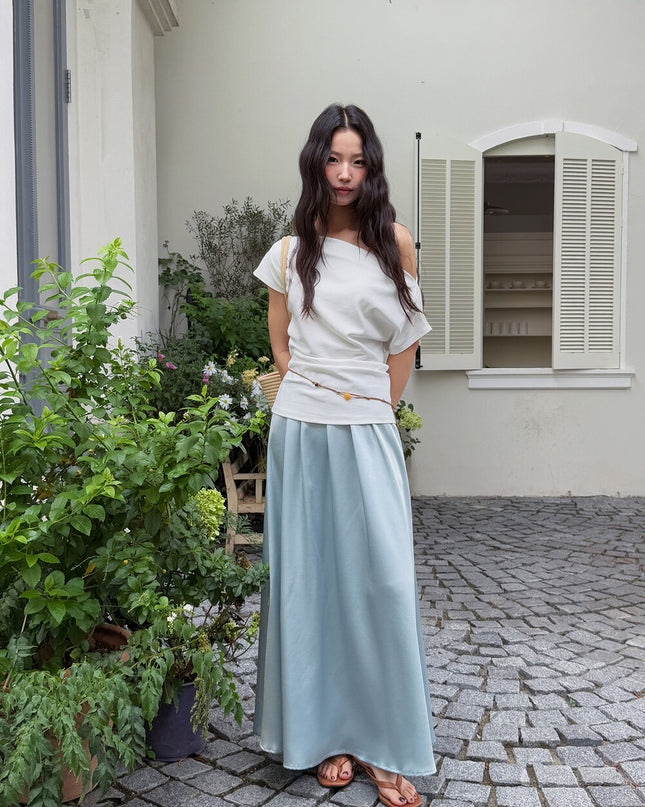 French Off-Shoulder Ruched Waist Short-Sleeve Tee