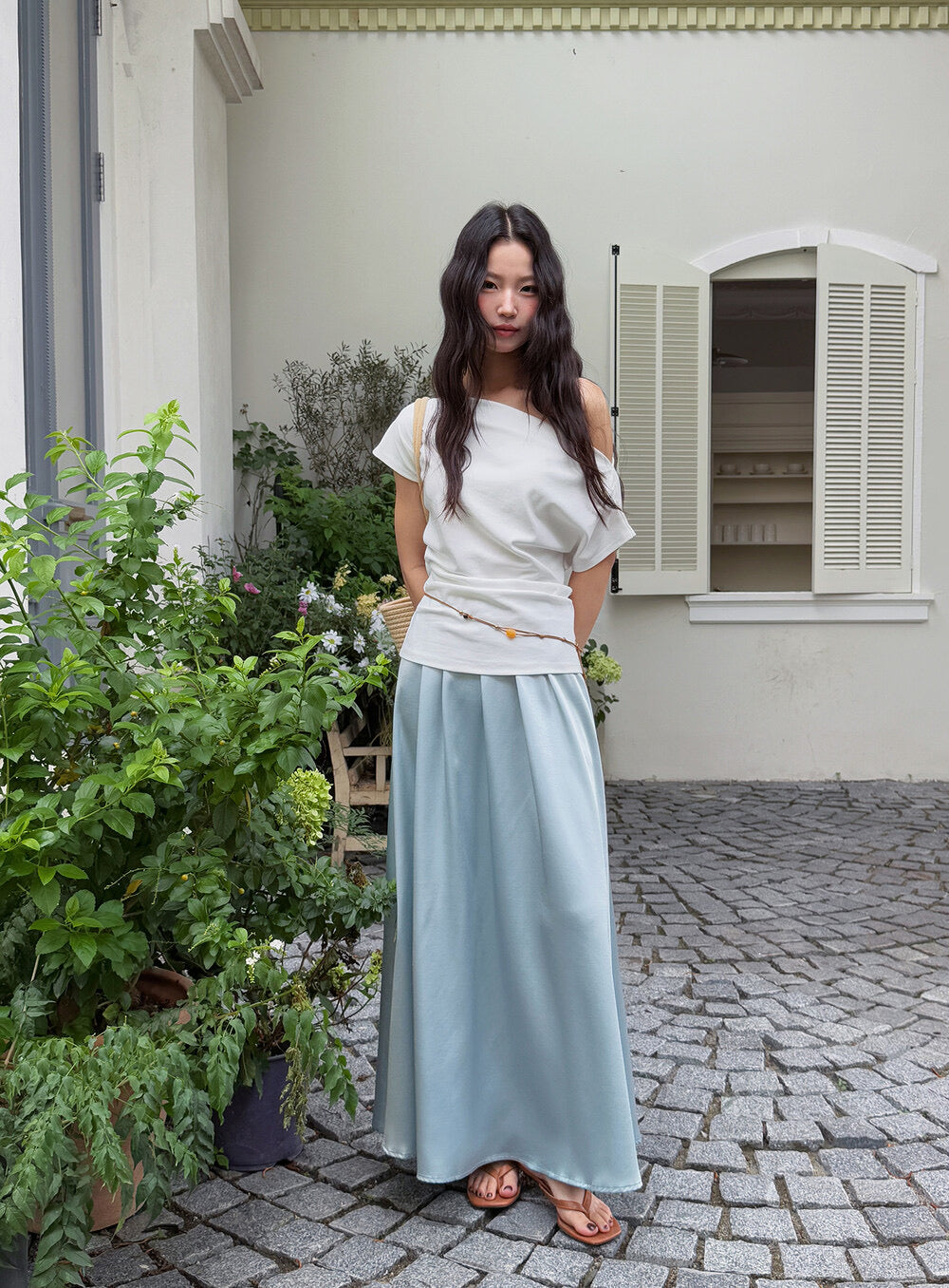 French Off-Shoulder Ruched Waist Short-Sleeve Tee