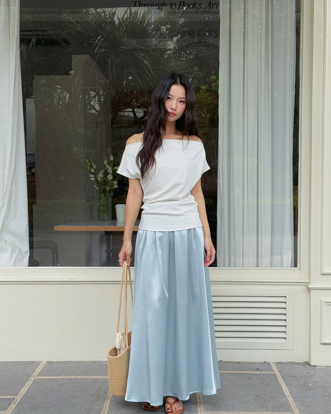 French Off-Shoulder Ruched Waist Short-Sleeve Tee