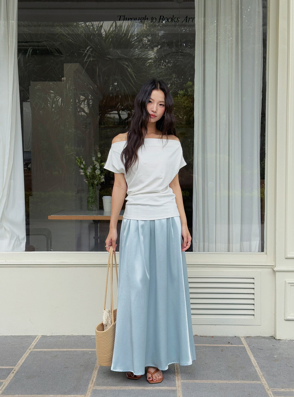 French Off-Shoulder Ruched Waist Short-Sleeve Tee