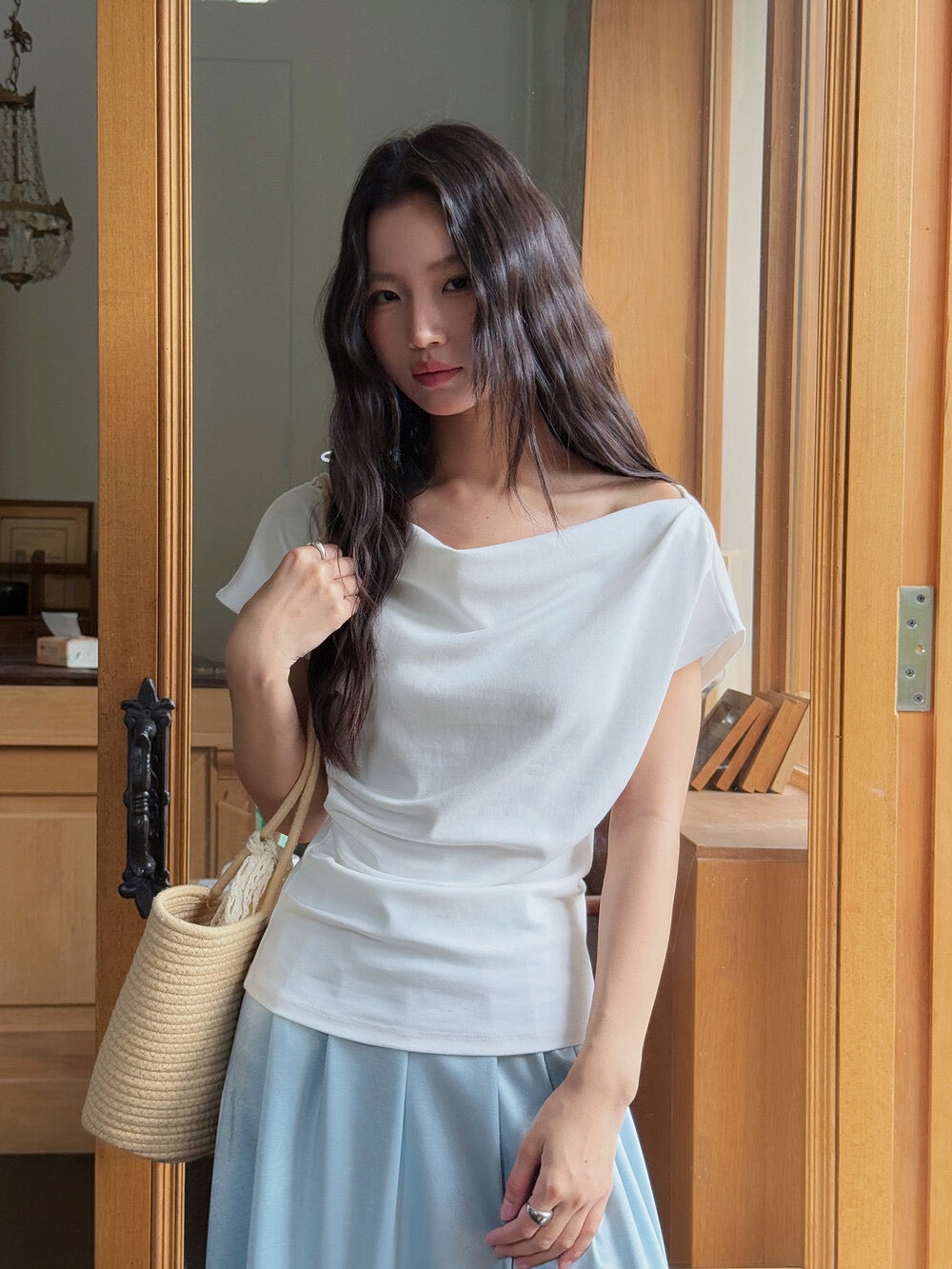 French Off-Shoulder Ruched Waist Short-Sleeve Tee