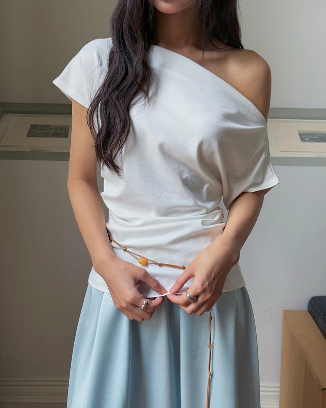 French Off-Shoulder Ruched Waist Short-Sleeve Tee