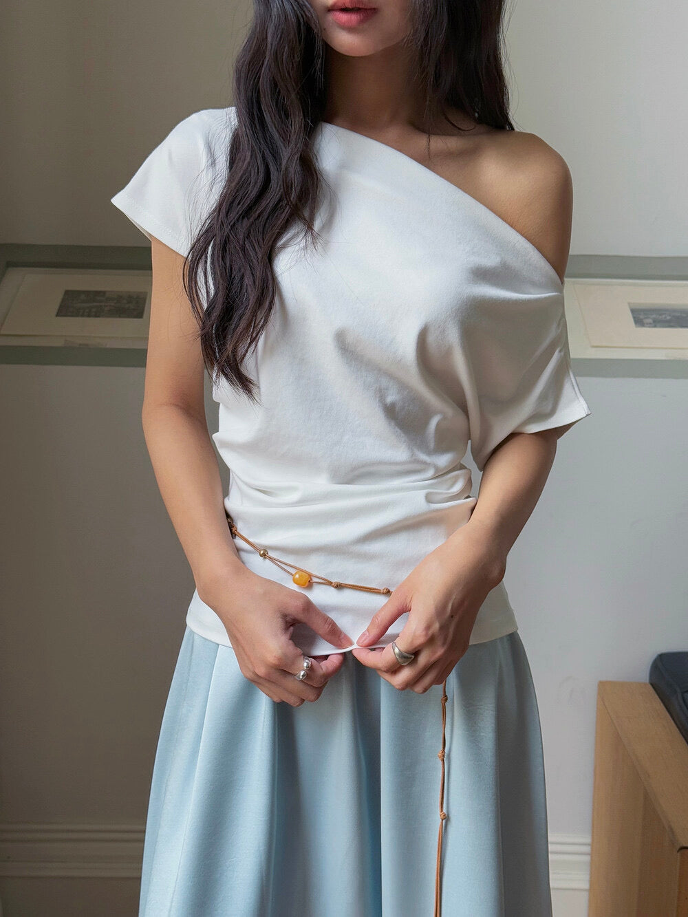 French Off-Shoulder Ruched Waist Short-Sleeve Tee