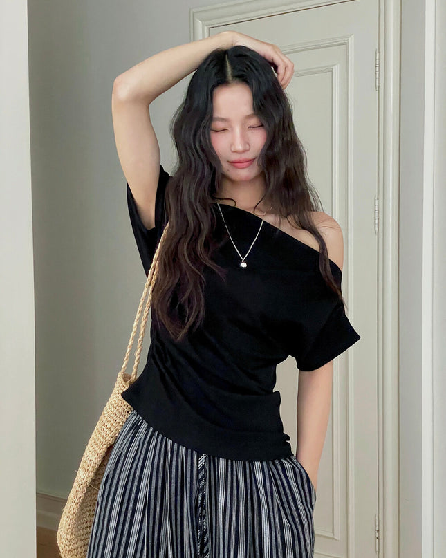 French Off-Shoulder Ruched Waist Short-Sleeve Tee