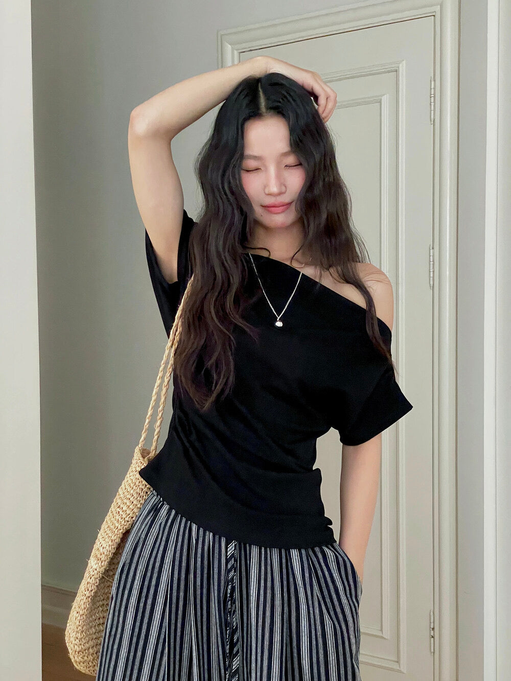 French Off-Shoulder Ruched Waist Short-Sleeve Tee