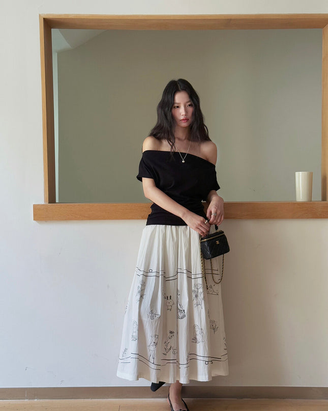 French Off-Shoulder Ruched Waist Short-Sleeve Tee