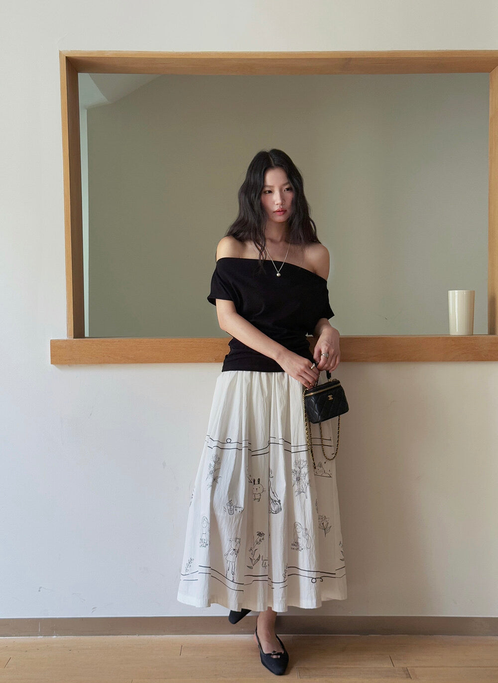 French Off-Shoulder Ruched Waist Short-Sleeve Tee