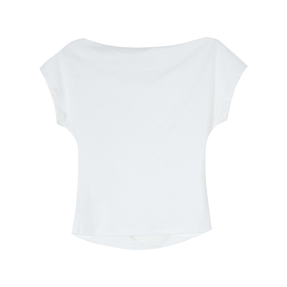 French Off-Shoulder Ruched Waist Short-Sleeve Tee