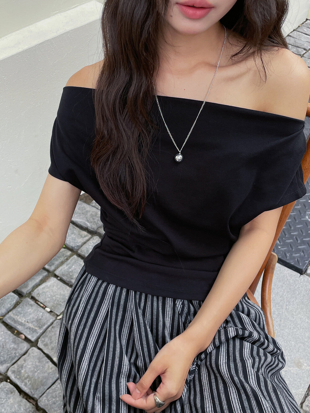 French Off-Shoulder Ruched Waist Short-Sleeve Tee