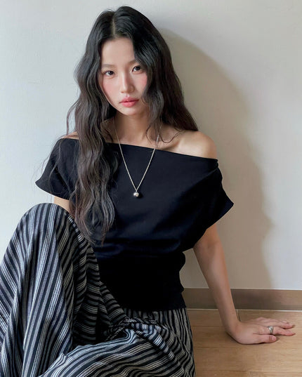 French Off-Shoulder Ruched Waist Short-Sleeve Tee