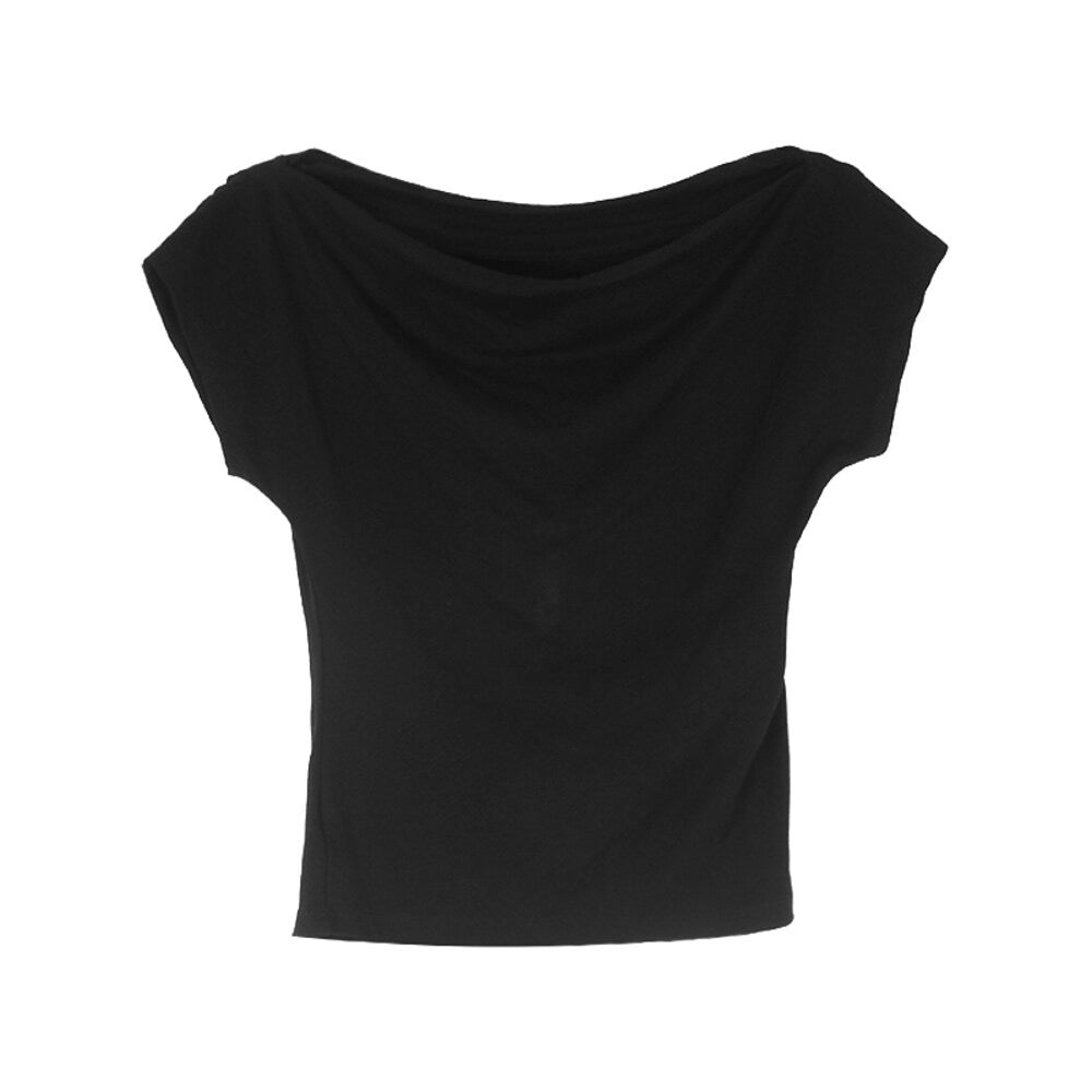 French Off-Shoulder Ruched Waist Short-Sleeve Tee