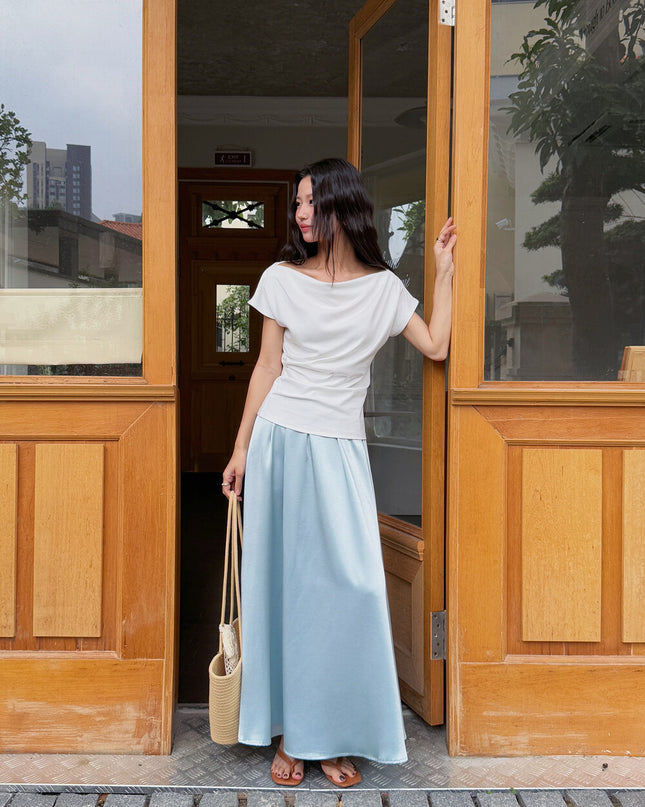 French Off-Shoulder Ruched Waist Short-Sleeve Tee