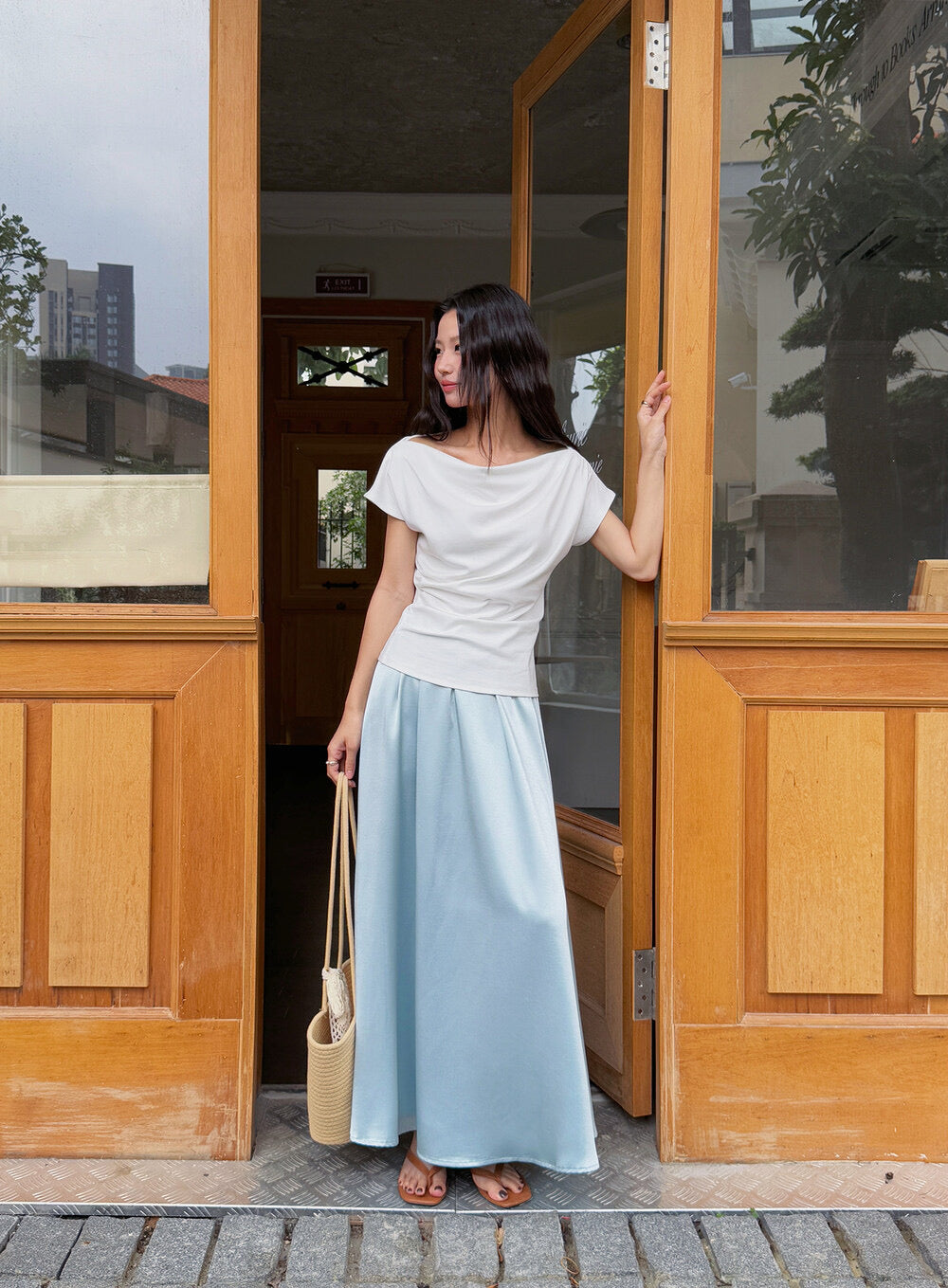French Off-Shoulder Ruched Waist Short-Sleeve Tee