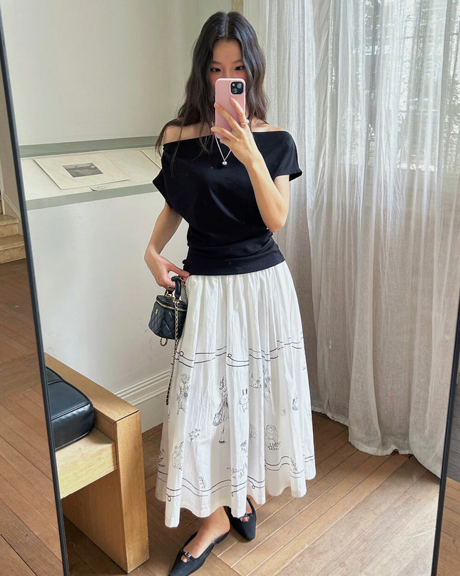 French Off-Shoulder Ruched Waist Short-Sleeve Tee
