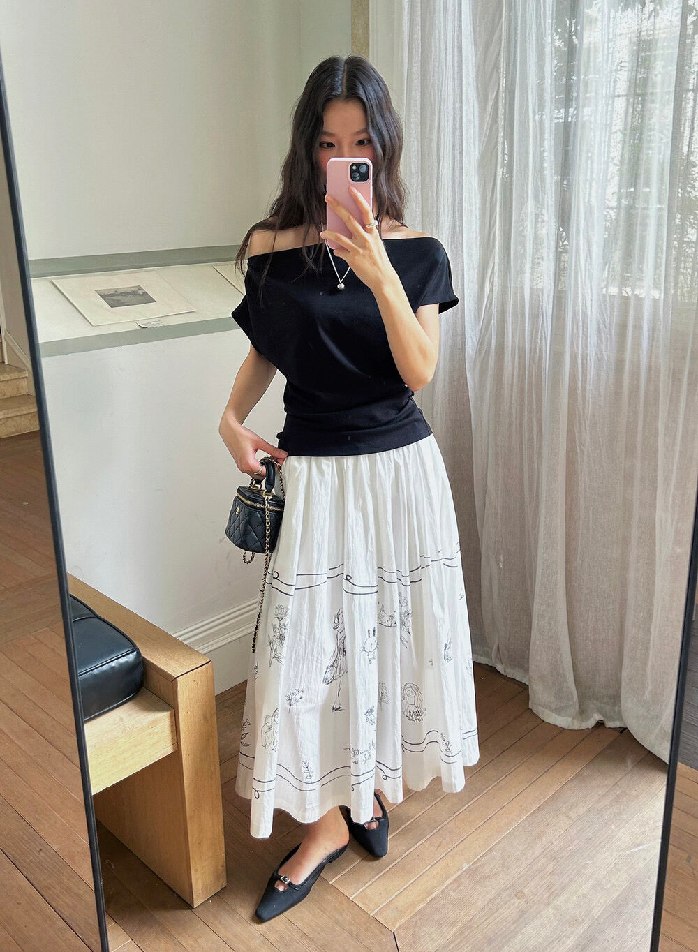 French Off-Shoulder Ruched Waist Short-Sleeve Tee