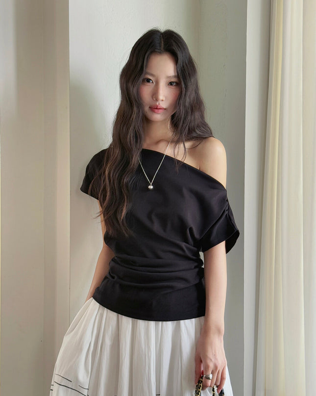 French Off-Shoulder Ruched Waist Short-Sleeve Tee