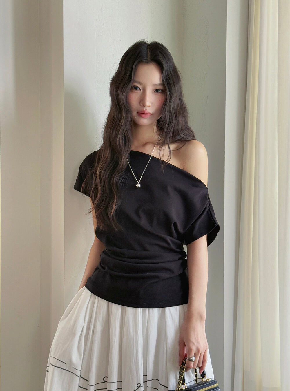 French Off-Shoulder Ruched Waist Short-Sleeve Tee