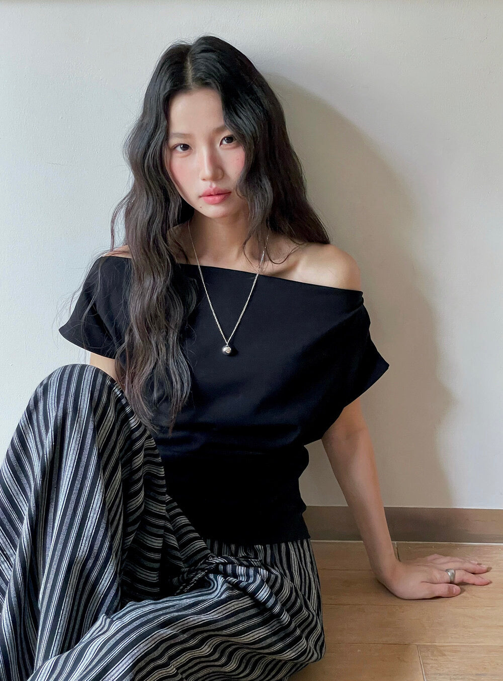 French Off-Shoulder Ruched Waist Short-Sleeve Tee