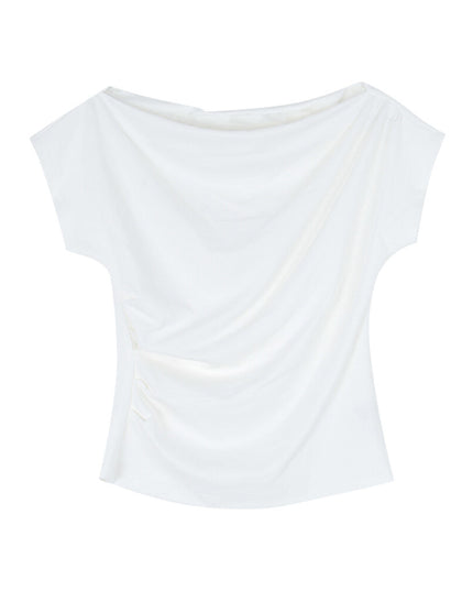 French Off-Shoulder Ruched Waist Short-Sleeve Tee