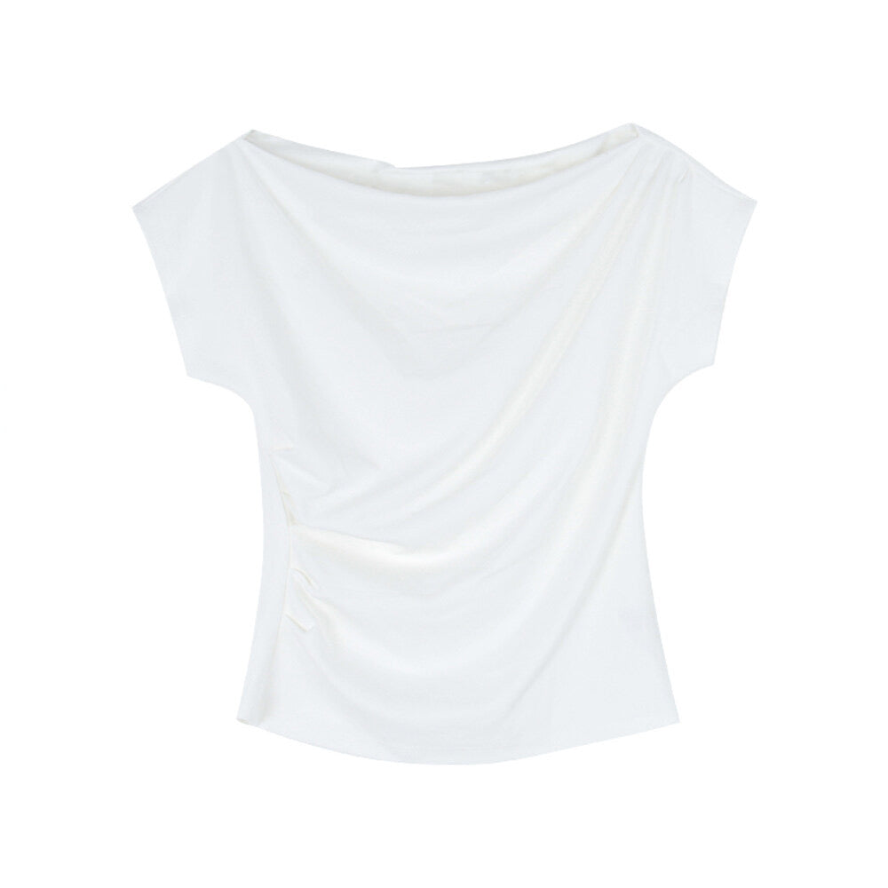 French Off-Shoulder Ruched Waist Short-Sleeve Tee