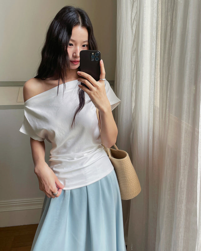French Off-Shoulder Ruched Waist Short-Sleeve Tee