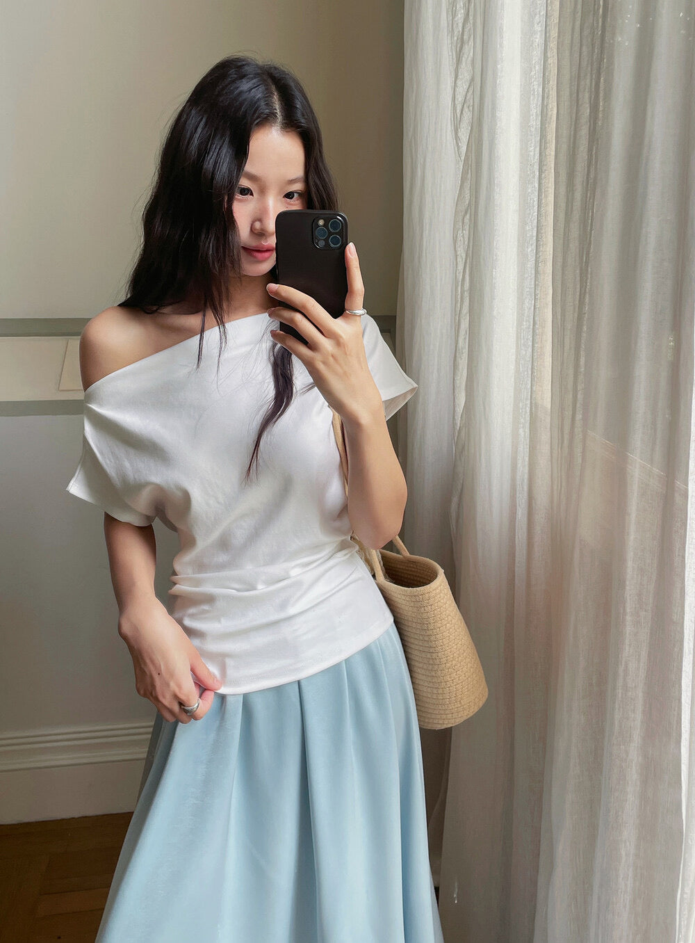 French Off-Shoulder Ruched Waist Short-Sleeve Tee
