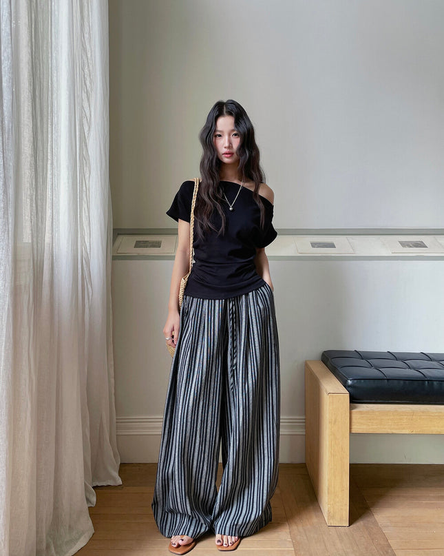 French Off-Shoulder Ruched Waist Short-Sleeve Tee