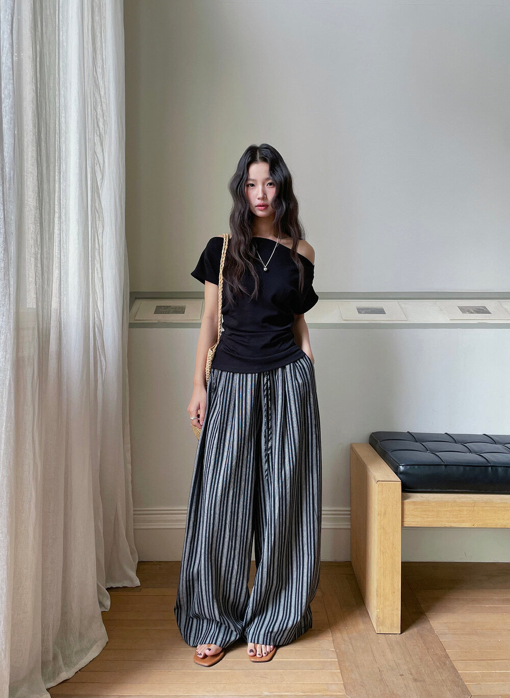 French Off-Shoulder Ruched Waist Short-Sleeve Tee