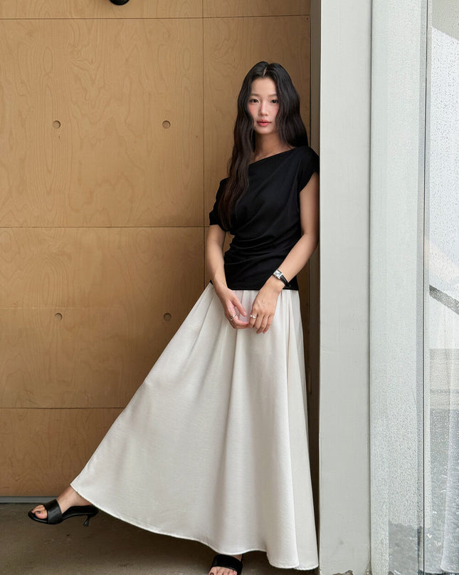 French Off-Shoulder Ruched Waist Short-Sleeve Tee