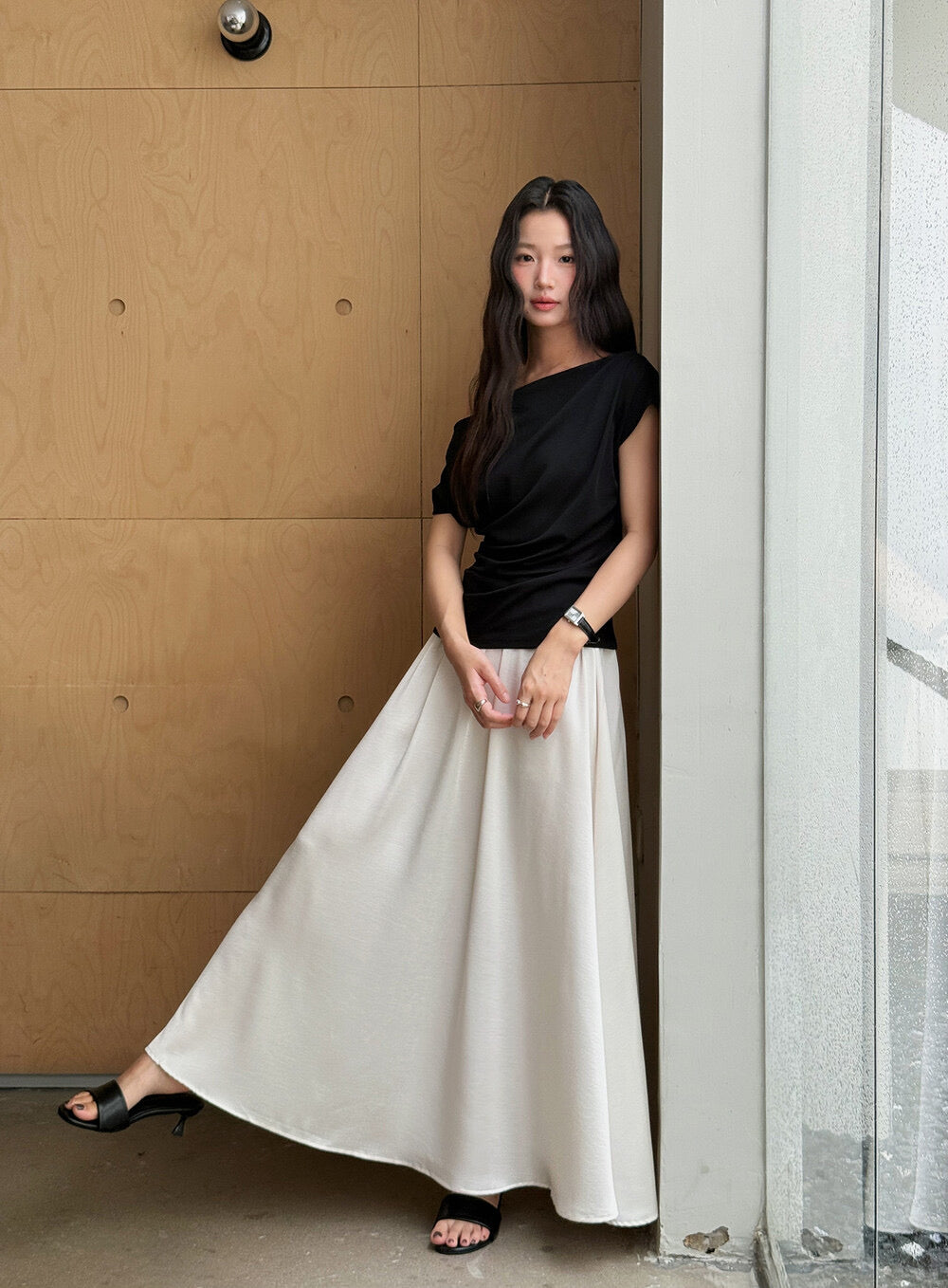 French Off-Shoulder Ruched Waist Short-Sleeve Tee
