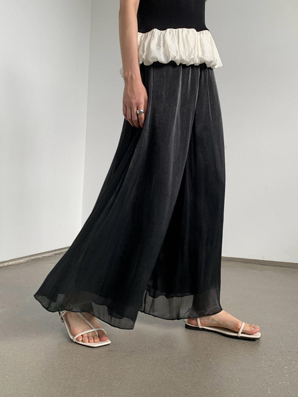 High-Waist Relaxed Wide-Leg Sheer Chiffon Pants