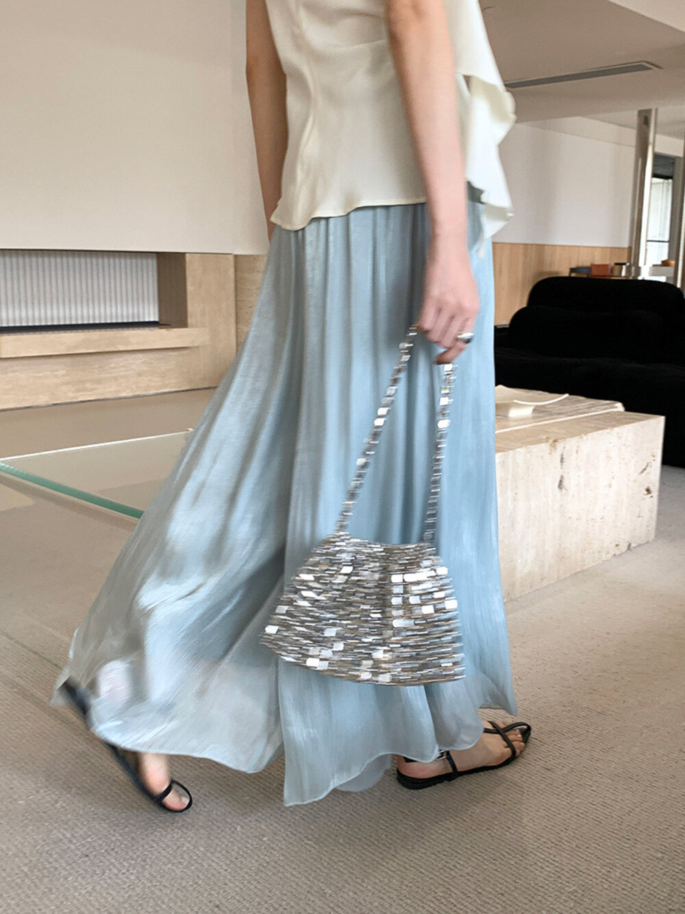 High-Waist Relaxed Wide-Leg Sheer Chiffon Pants