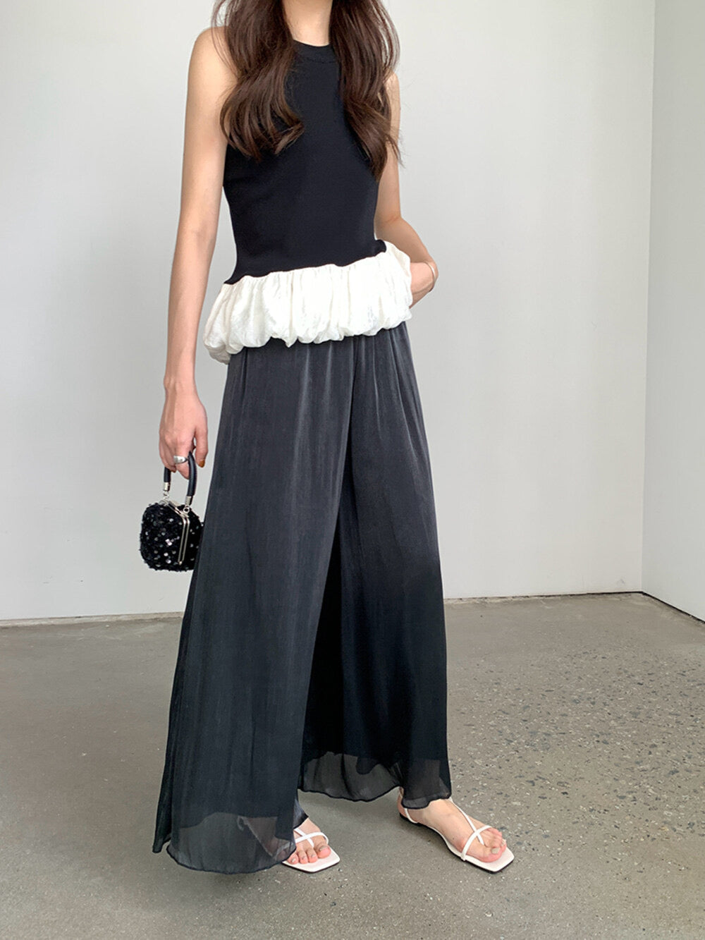 High-Waist Relaxed Wide-Leg Sheer Chiffon Pants