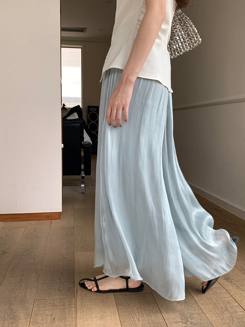 High-Waist Relaxed Wide-Leg Sheer Chiffon Pants