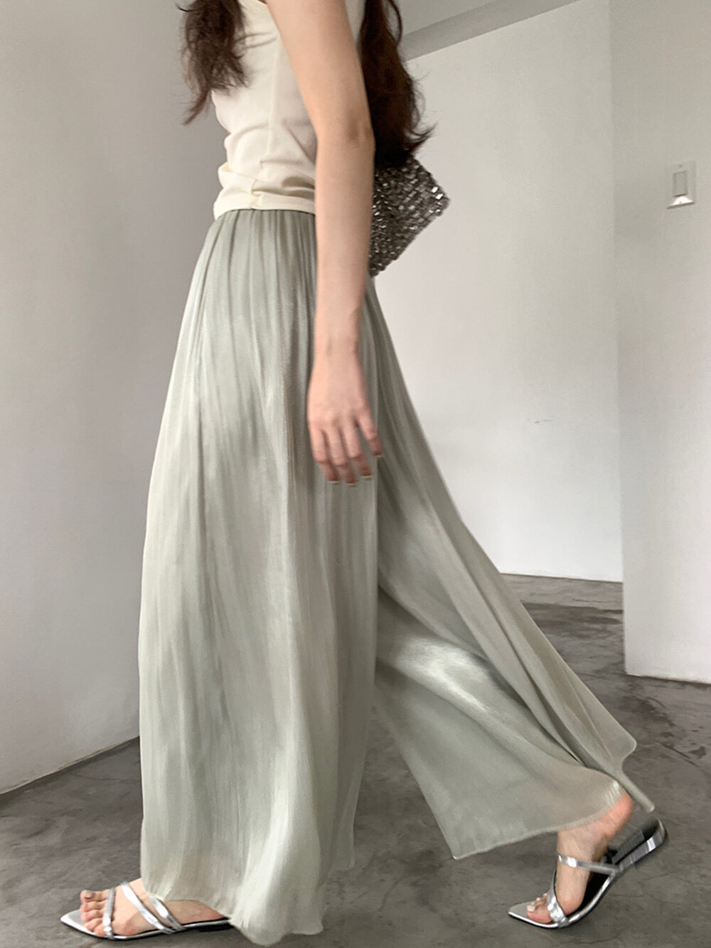 High-Waist Relaxed Wide-Leg Sheer Chiffon Pants