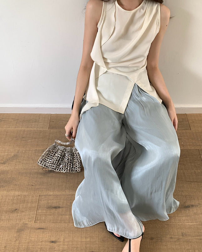 High-Waist Relaxed Wide-Leg Sheer Chiffon Pants