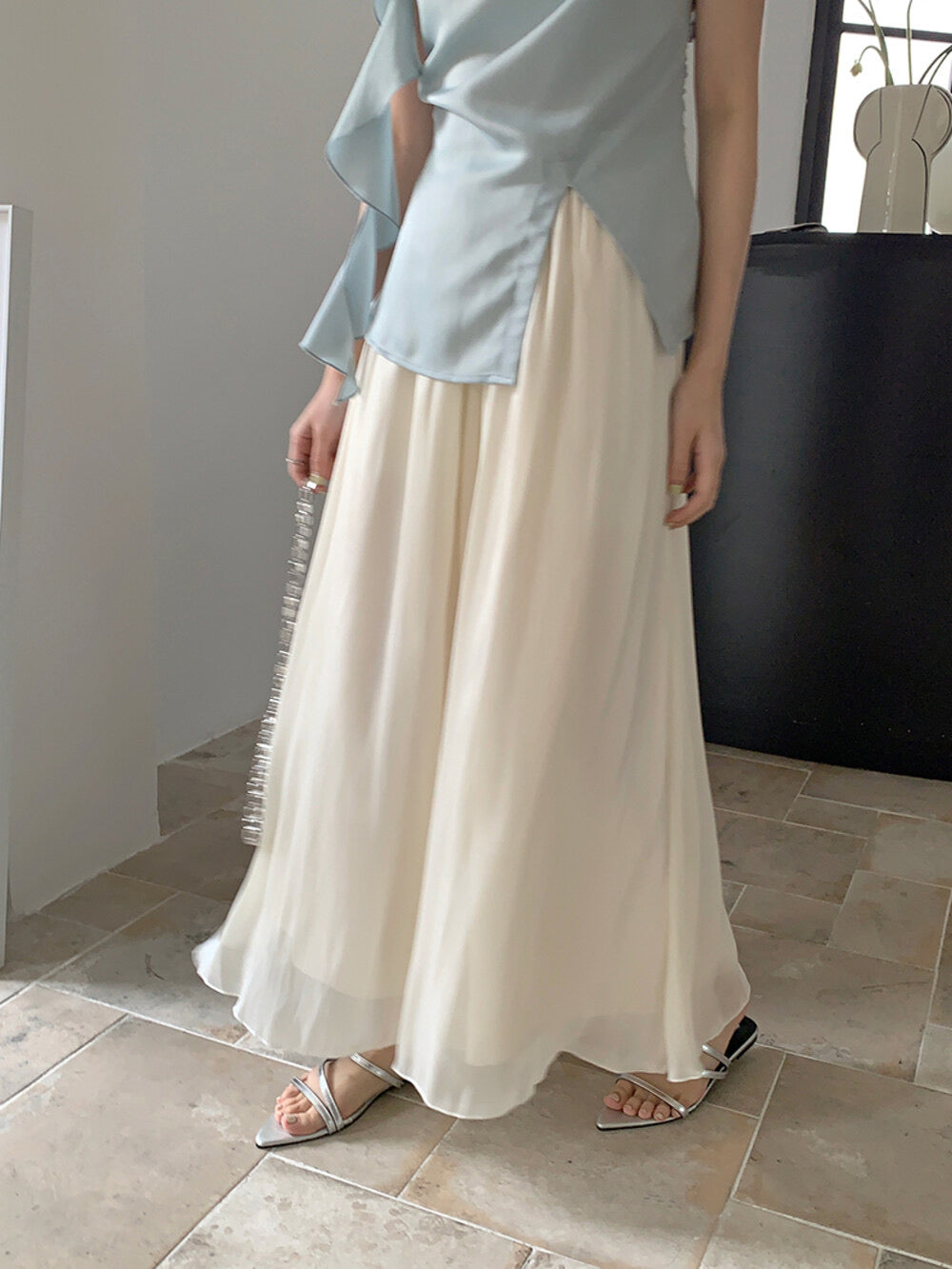 High-Waist Relaxed Wide-Leg Sheer Chiffon Pants
