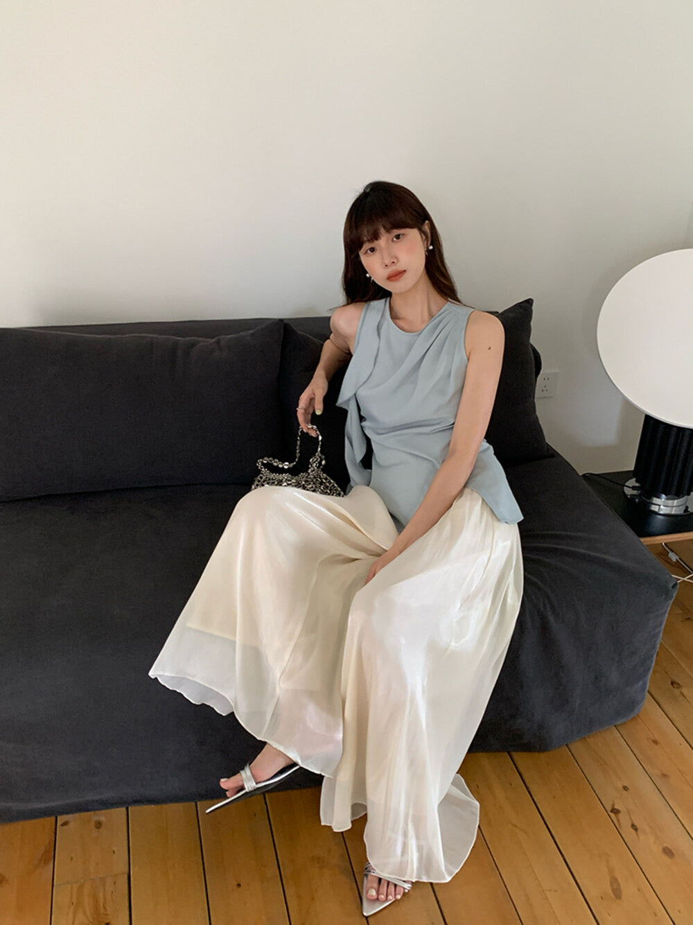 High-Waist Relaxed Wide-Leg Sheer Chiffon Pants