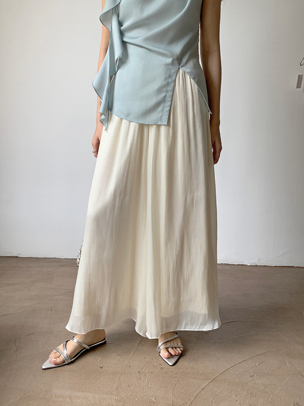 High-Waist Relaxed Wide-Leg Sheer Chiffon Pants