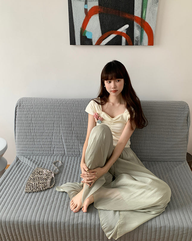 High-Waist Relaxed Wide-Leg Sheer Chiffon Pants