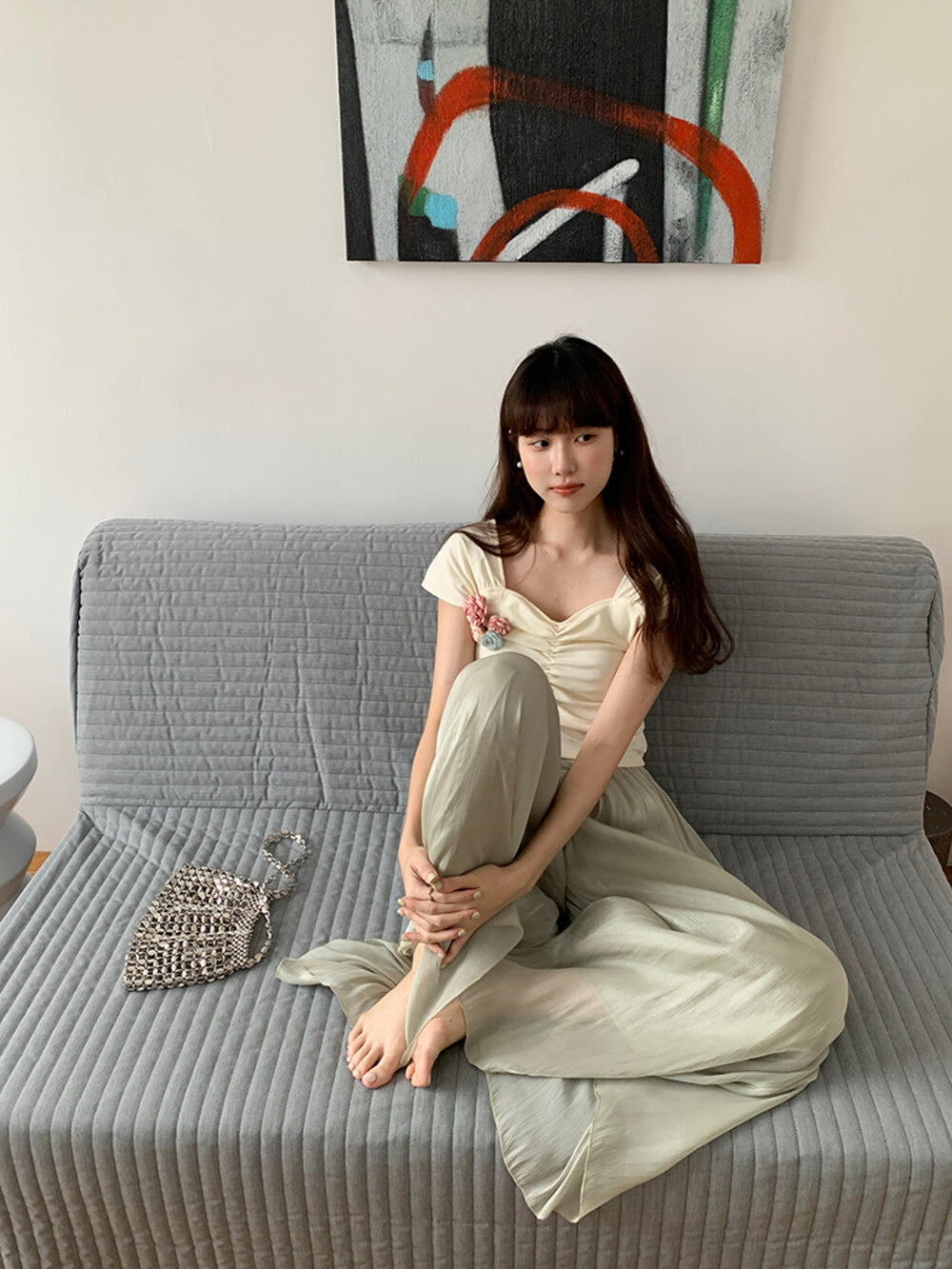 High-Waist Relaxed Wide-Leg Sheer Chiffon Pants