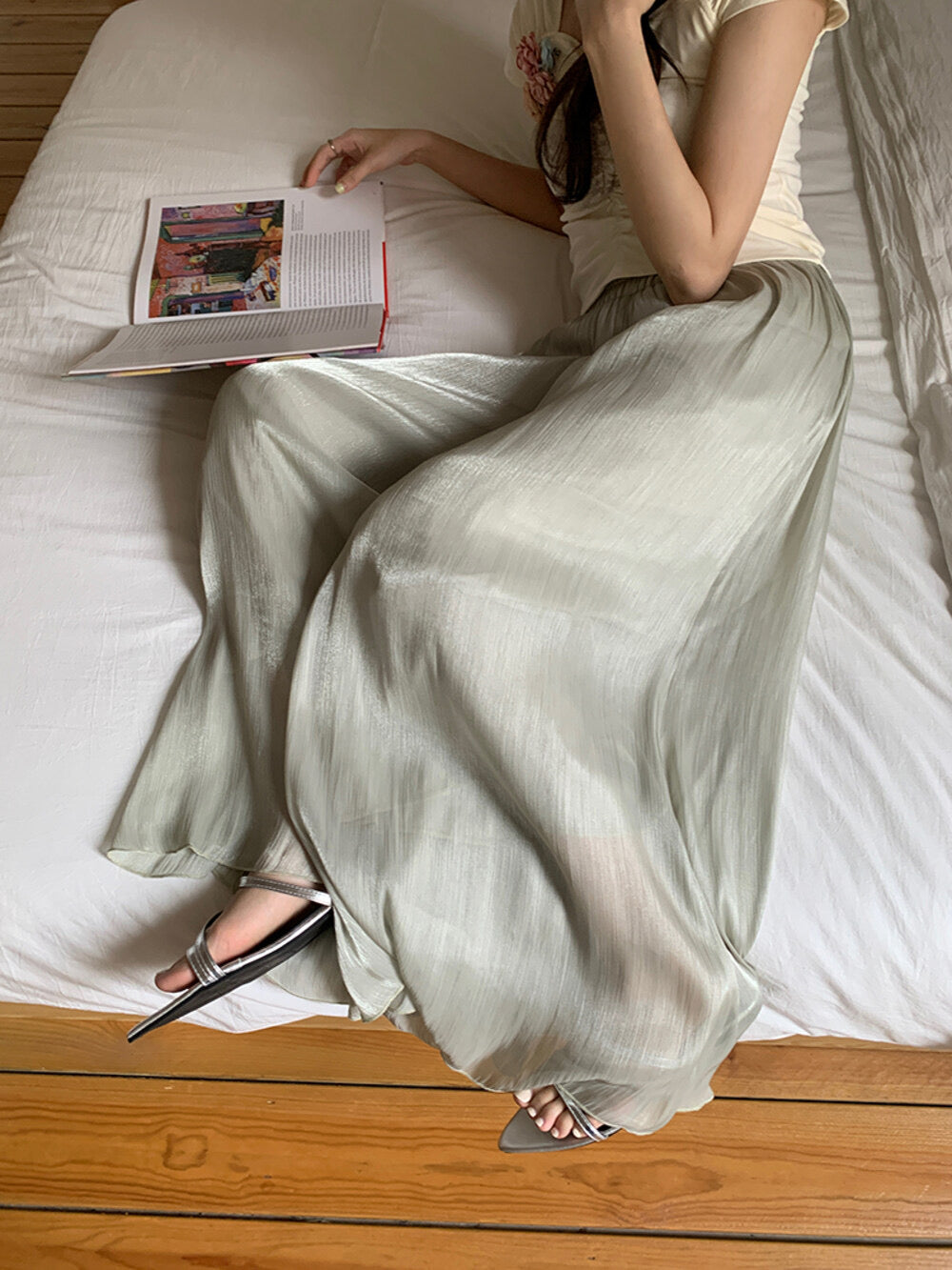 High-Waist Relaxed Wide-Leg Sheer Chiffon Pants