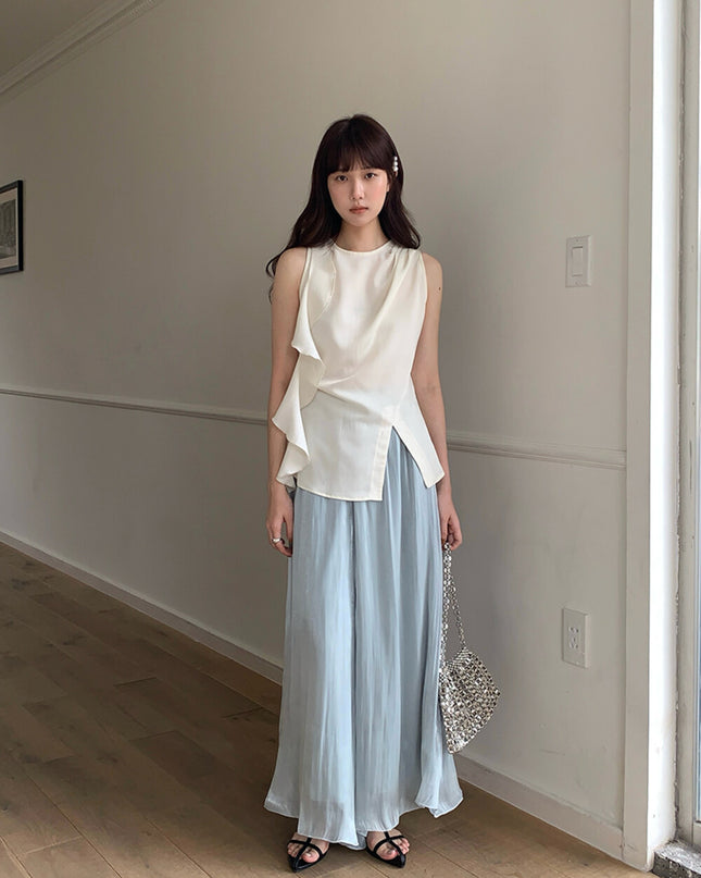 High-Waist Relaxed Wide-Leg Sheer Chiffon Pants