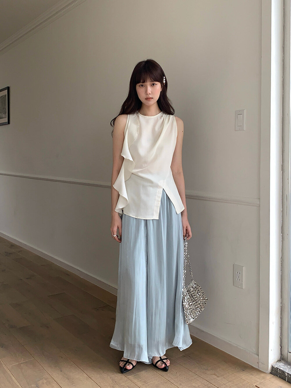 High-Waist Relaxed Wide-Leg Sheer Chiffon Pants