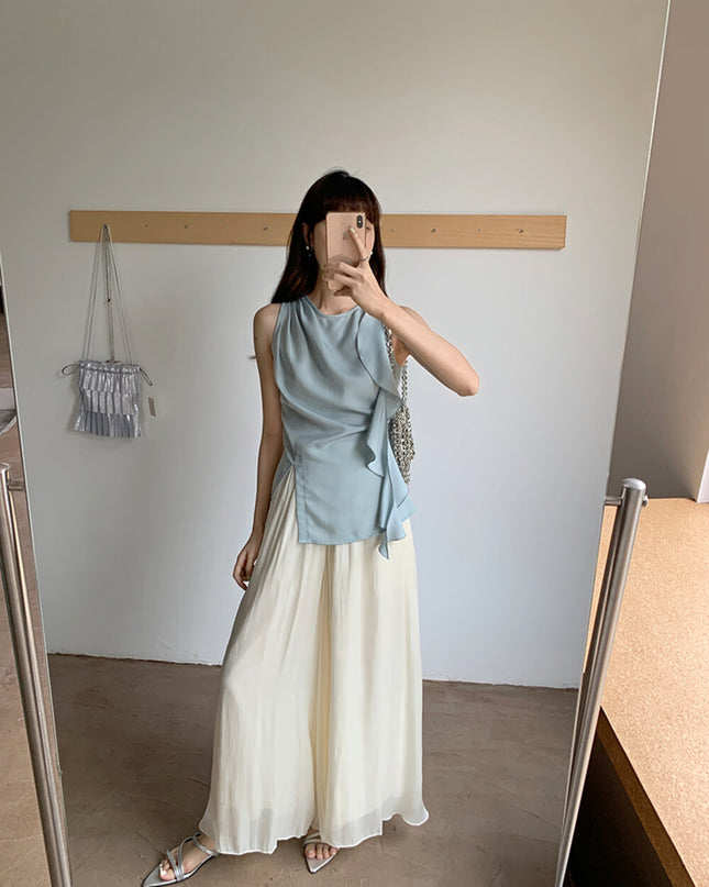 High-Waist Relaxed Wide-Leg Sheer Chiffon Pants