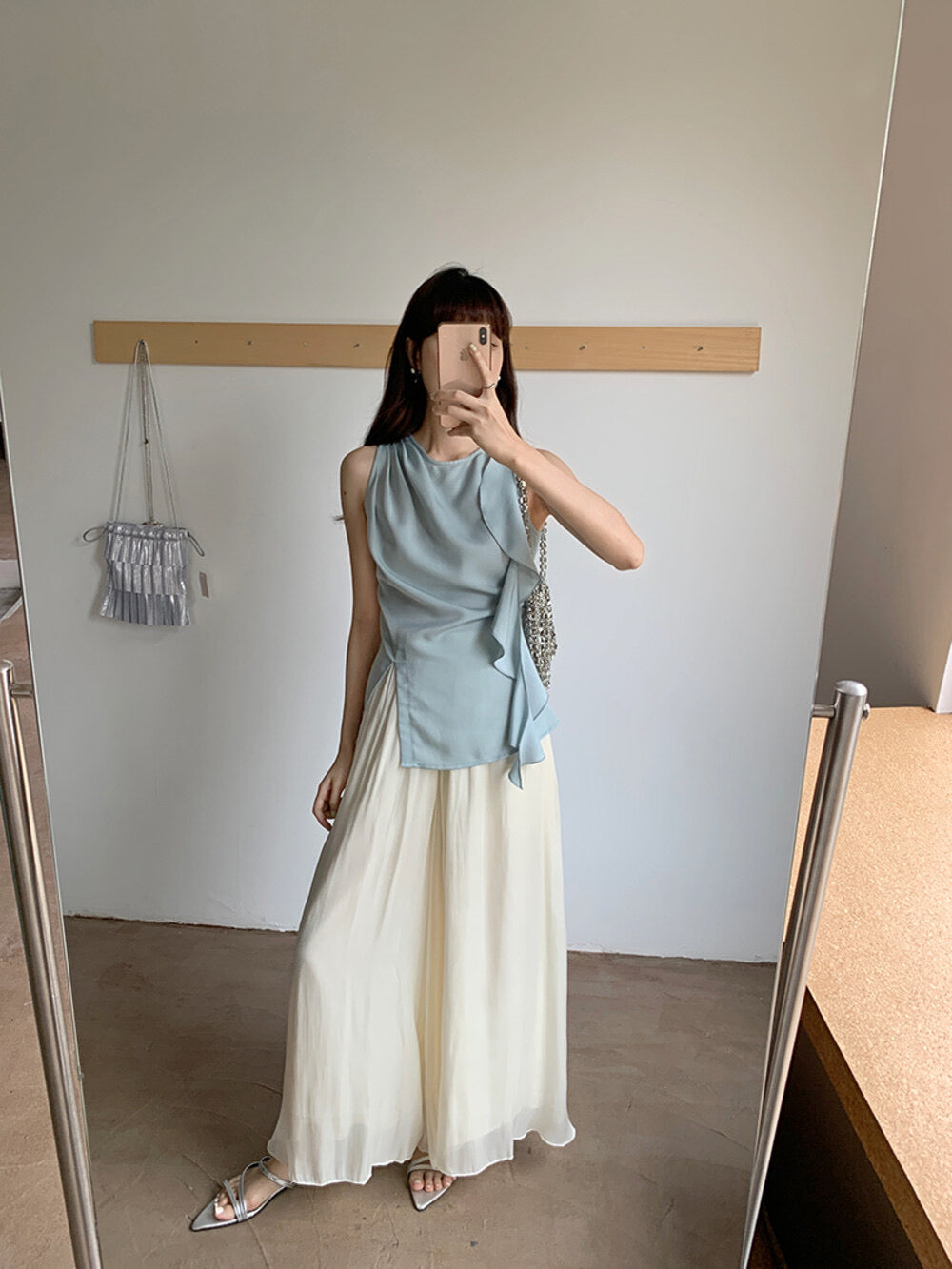 High-Waist Relaxed Wide-Leg Sheer Chiffon Pants