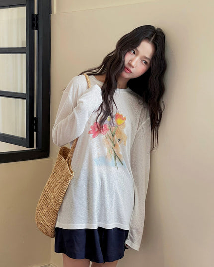 Cartoon Print Long-Sleeve Loose Summer Sun-Protective Tee