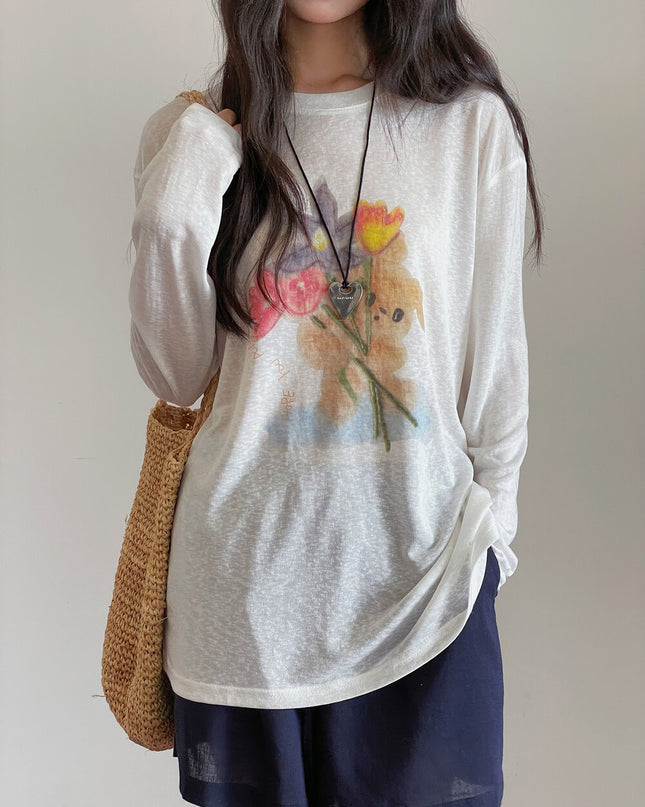 Cartoon Print Long-Sleeve Loose Summer Sun-Protective Tee