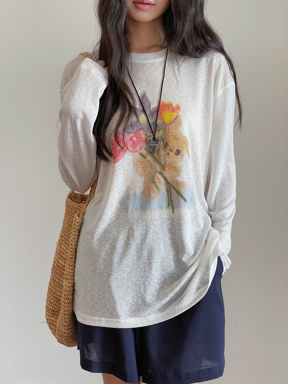 Cartoon Print Long-Sleeve Loose Summer Sun-Protective Tee
